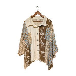 POL Mixed Materials Oversized L Short Sleeve Button Up Collared Blouse Cream